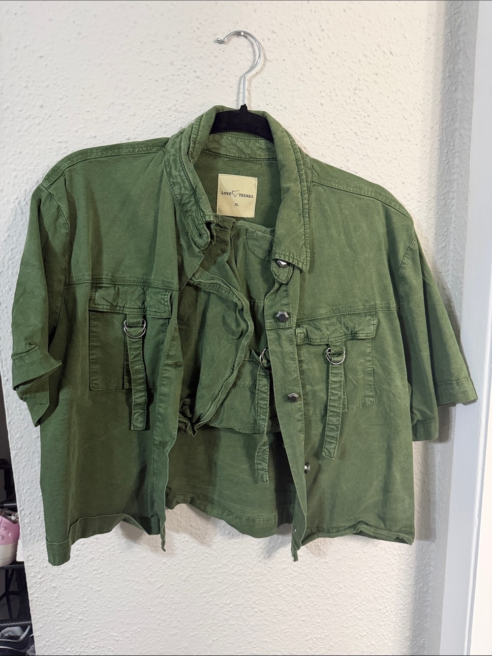 Love Tree Olive Utility Crop Jacket & shorts